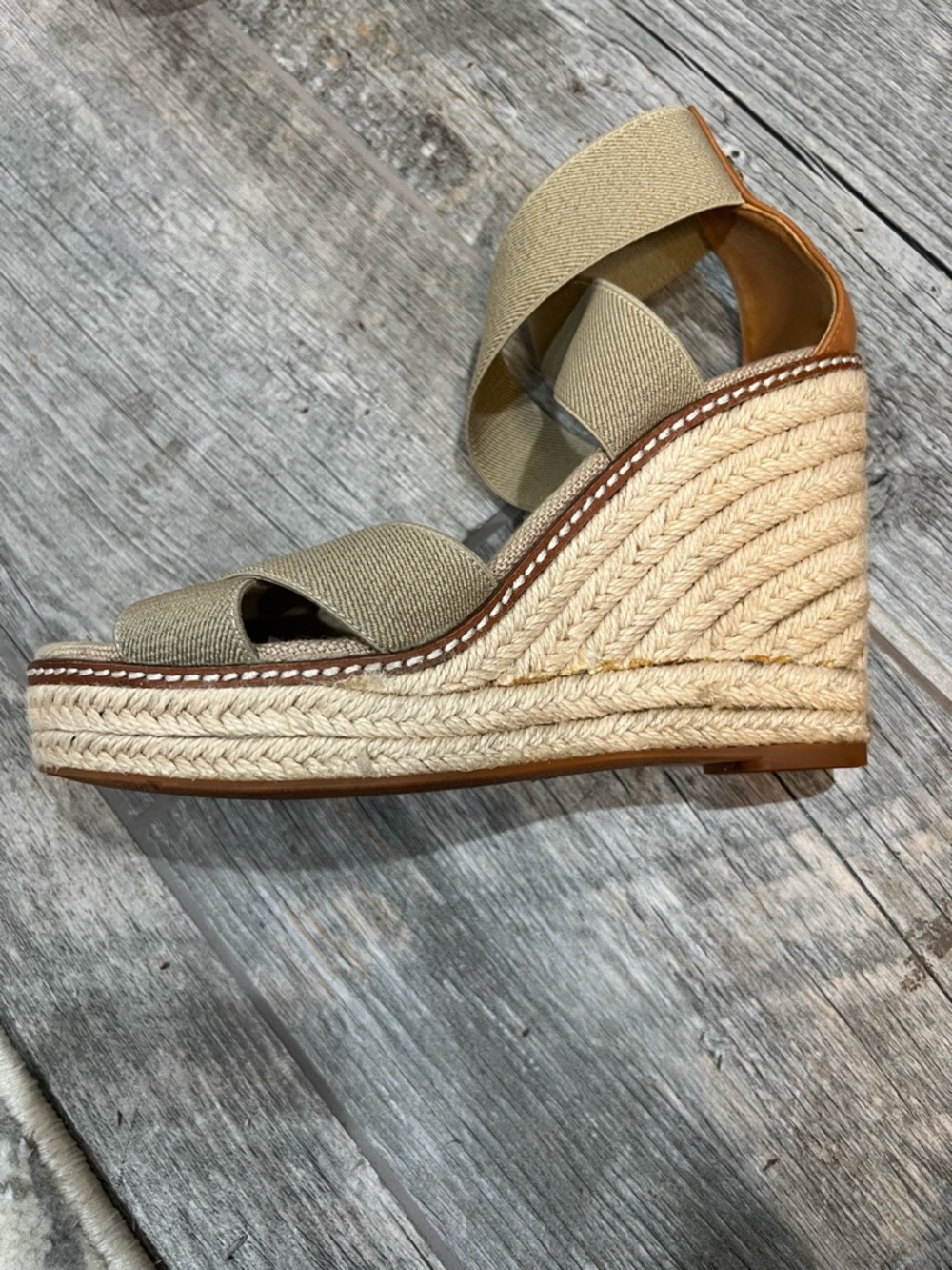 Tory Burch Frieda Platform Wedge Espadrille Beige Sandals Elastic Straps Size 7 - Picture 7 of 9